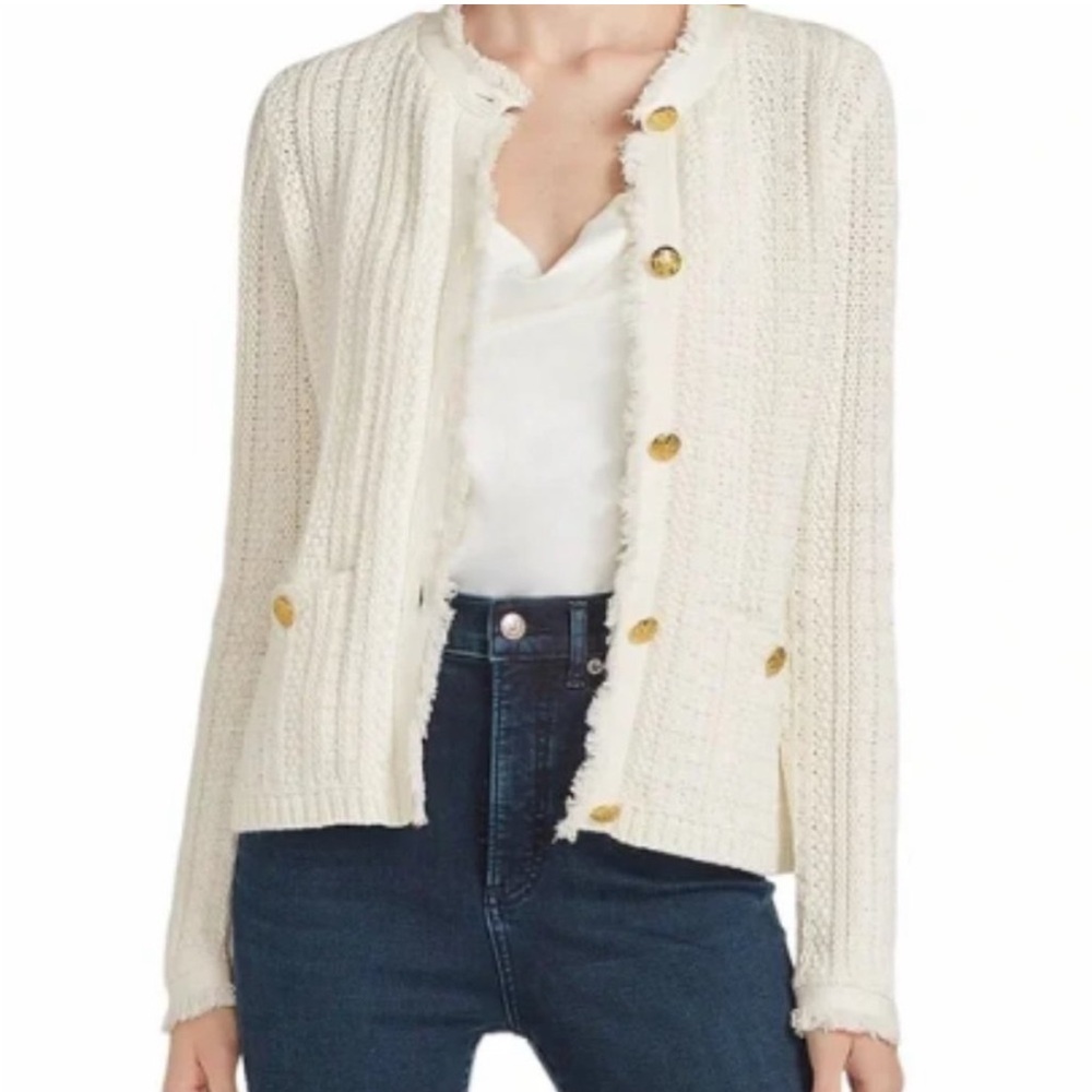 Tahari Womens Woven Button Down Cardigan Sweater White Size Small